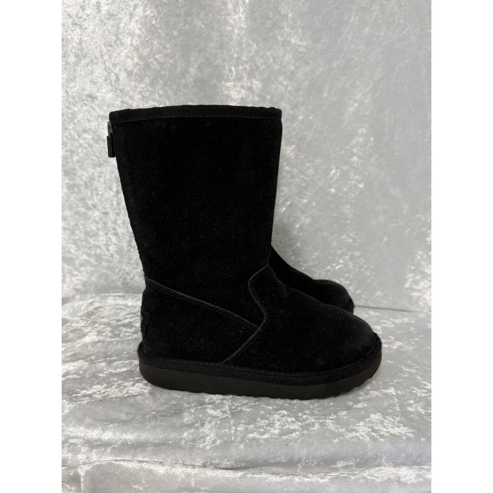 UGG Kids‎ Classic Back Zip Black Suede Sheepskin Lined Boots Sz-10 #1103023K